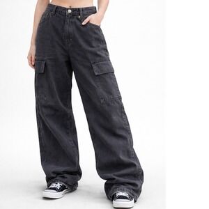 Tilly's ONLY Women Black Denim Wide Leg Cargo Pants Size 27 32 Extra High Waist
